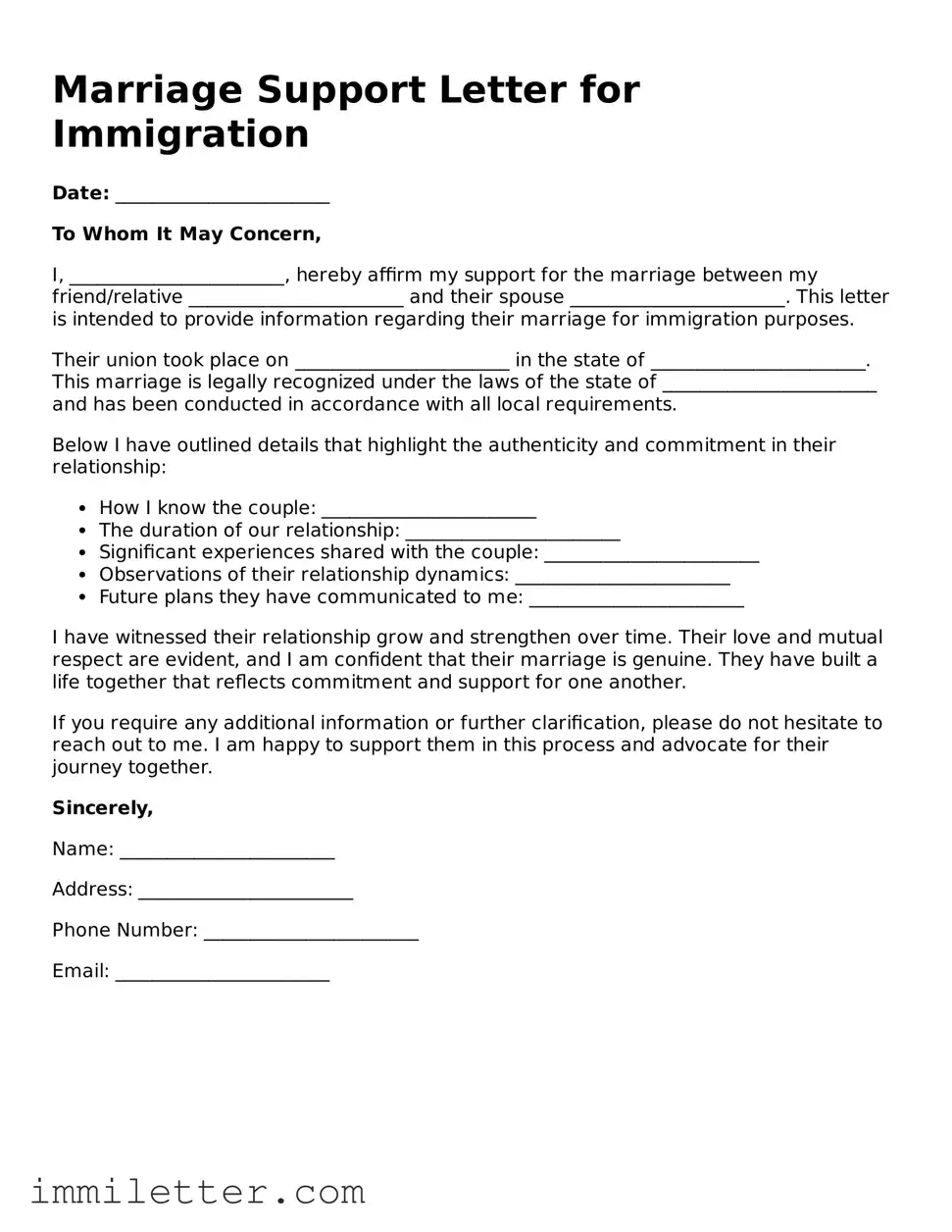 Printable Marriage Support Letter for Immigration Form